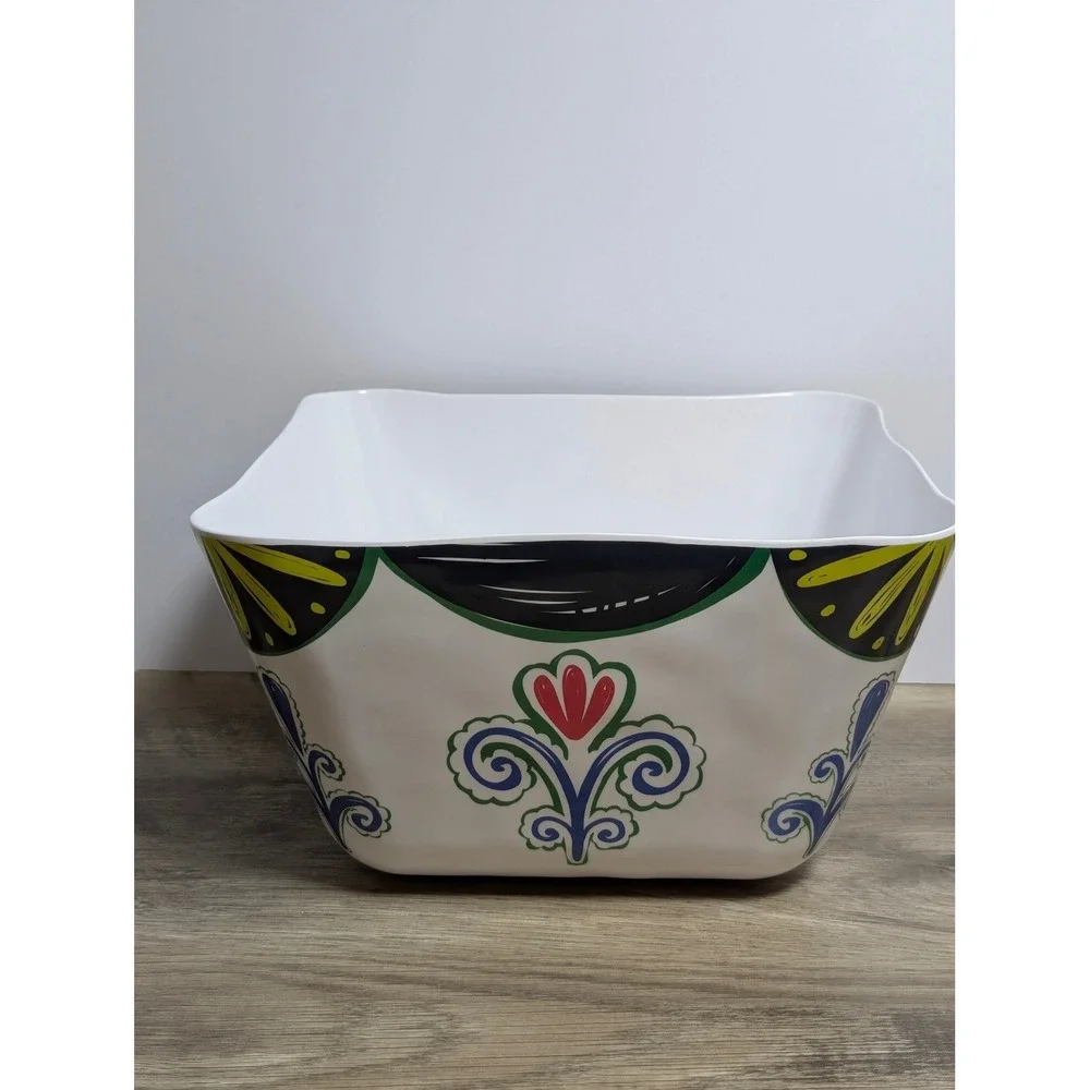 Pier 1 Imports Melamine Square Serving Bowl White Floral Scroll Pattern BPA Free